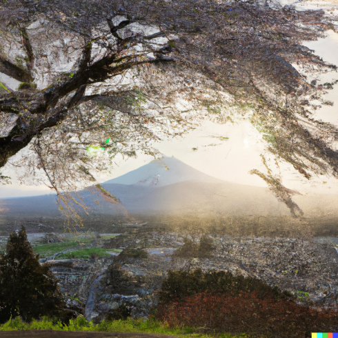 DALL·E 2022-08-12 13.33.43 - Valley in Japan with Mount Fuji in the background and blossoming cherry trees, snow is falling and the sun is just rising behind Mount Fuji, in the fo