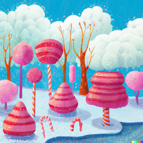 DALL·E 2022-08-12 13.37.08 - Fantasy landscape with cotton candy clouds in the sky, marshmellow trees and candy cane trees and lakes of milk and honey, the streets are made of li